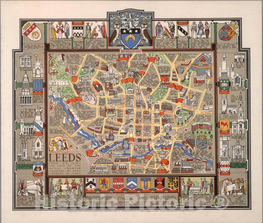 Historic Map : Leeds from A.D. 1626 - the year of the Royal Charter granted by King Charles the First., 1948, Vintage Wall Art
