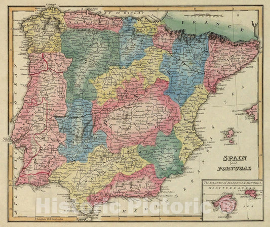 Historic Map : Spain and Portugal., 1823, Vintage Wall Art