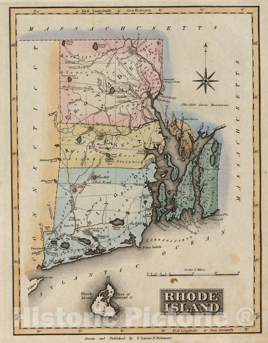 Historic Map : Rhode Island., 1823, Vintage Wall Art