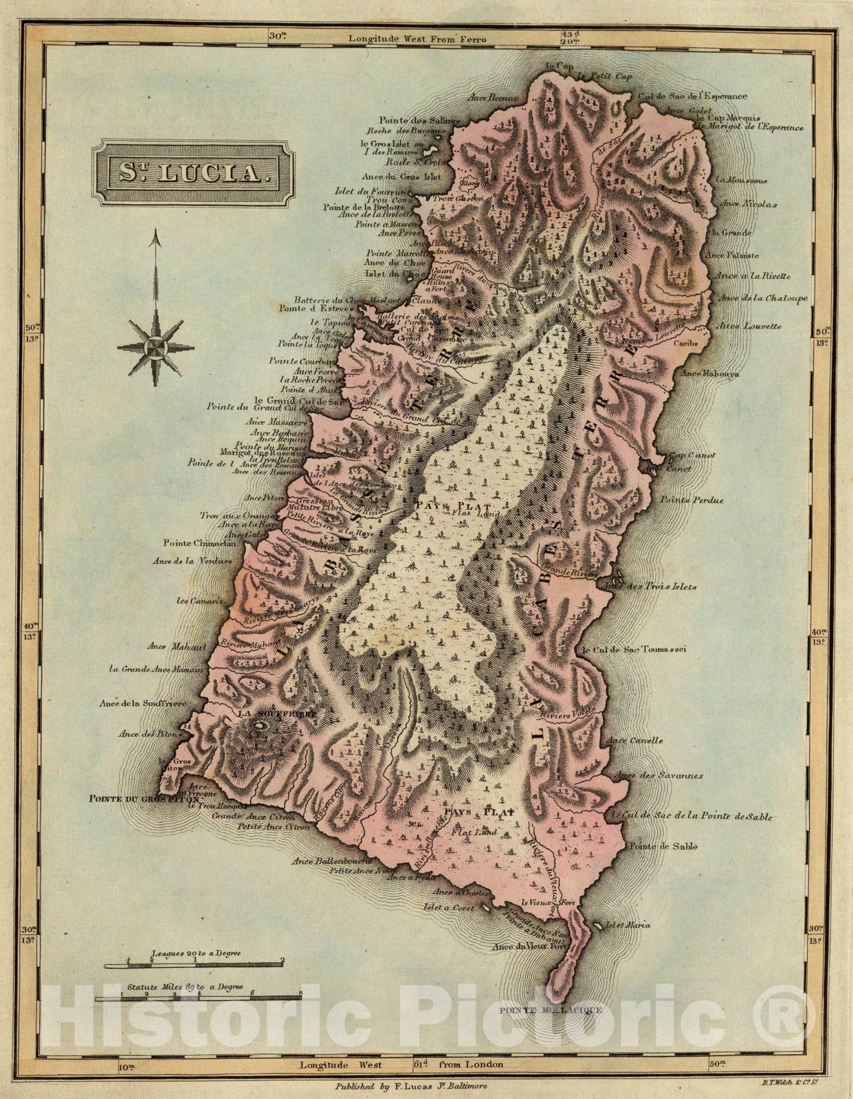 Historic Map : St. Lucia., 1823, Vintage Wall Art