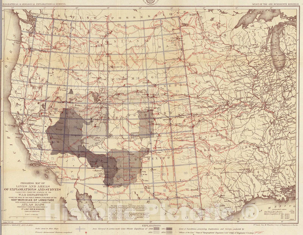 Historic Map : Progress Map Of Lines And Areas Of Explorations And Surveys., 1873, Vintage Wall Art