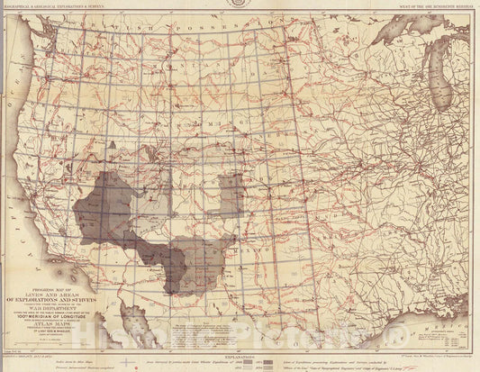 Historic Map : Progress Map Of Lines And Areas Of Explorations And Surveys., 1873, Vintage Wall Art