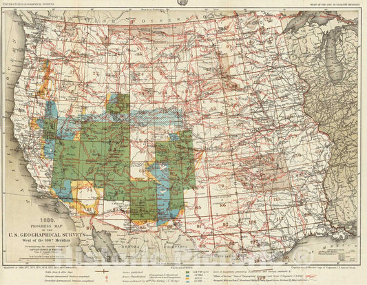 Historic Map : 1880. Progress Map Of The U.S. Geographical Surveys West Of The 100th Meridian., 1880, Vintage Wall Art