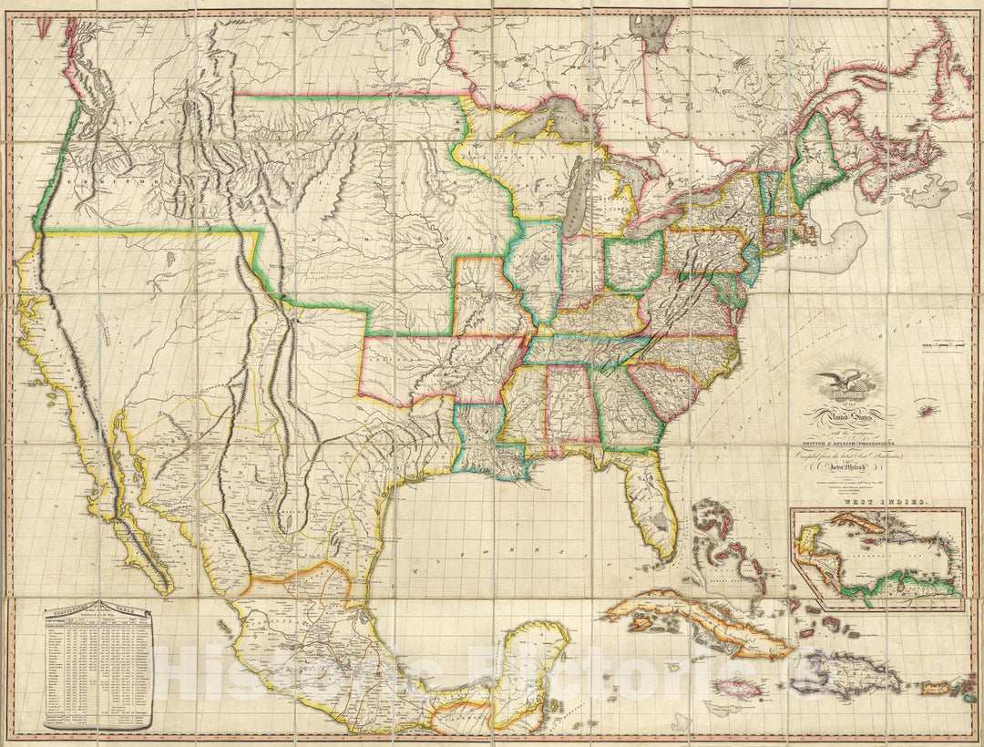 Historic Map : United States with the contiguous British & Spanish Possessions., 1823, Vintage Wall Art