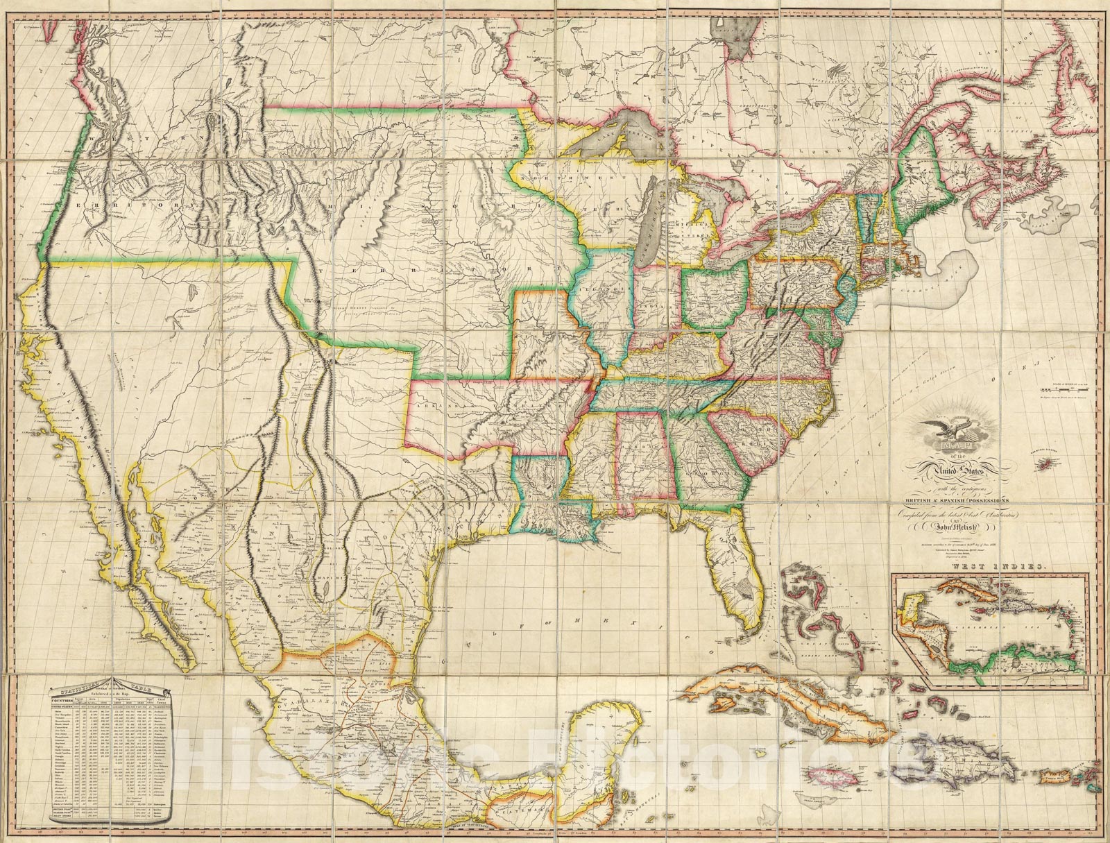 Historic Map : United States with the contiguous British & Spanish Possessions., 1823, Vintage Wall Art