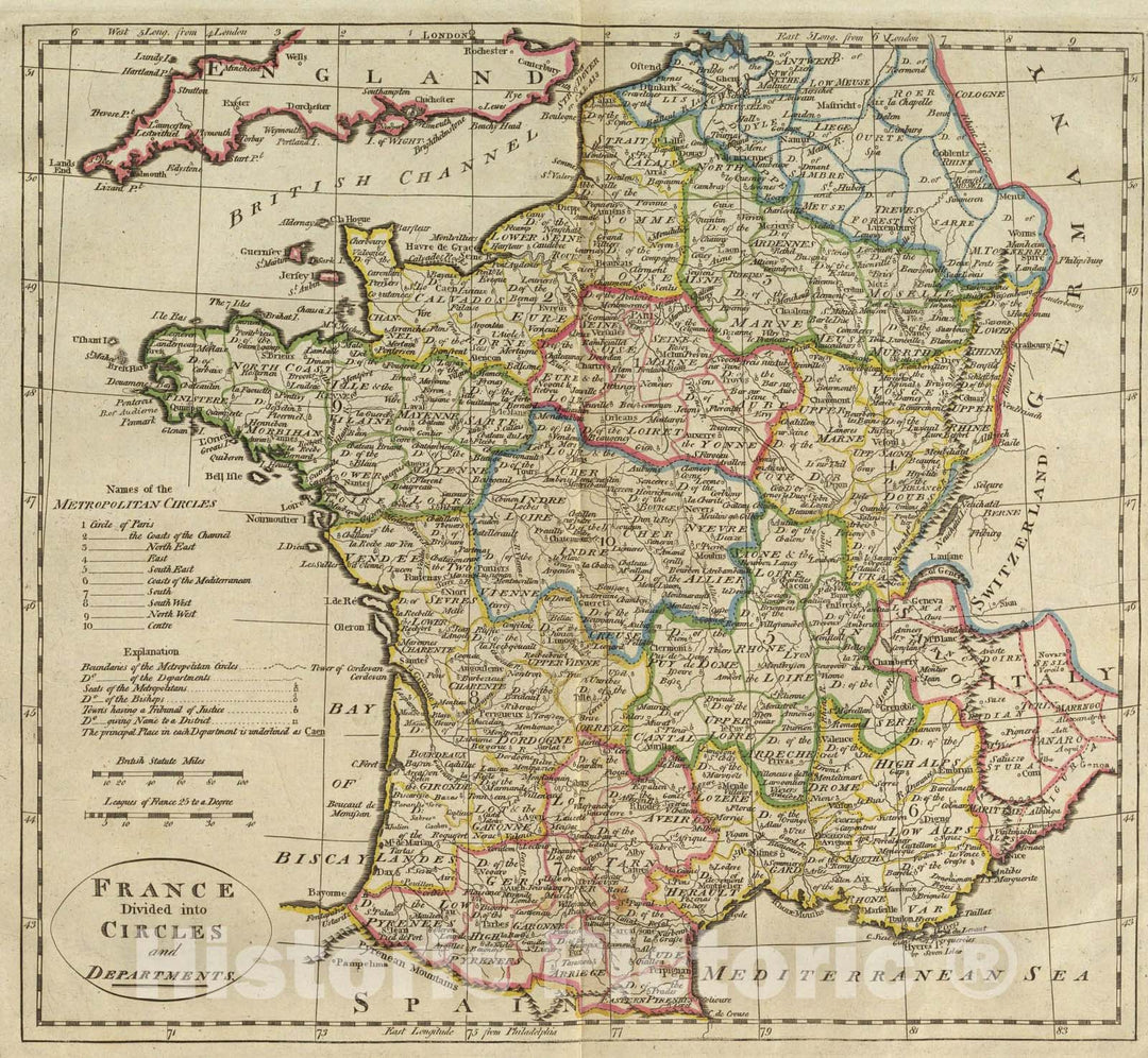 Historic Map : France Divided into Circles and Departments., 1814, Vintage Wall Art