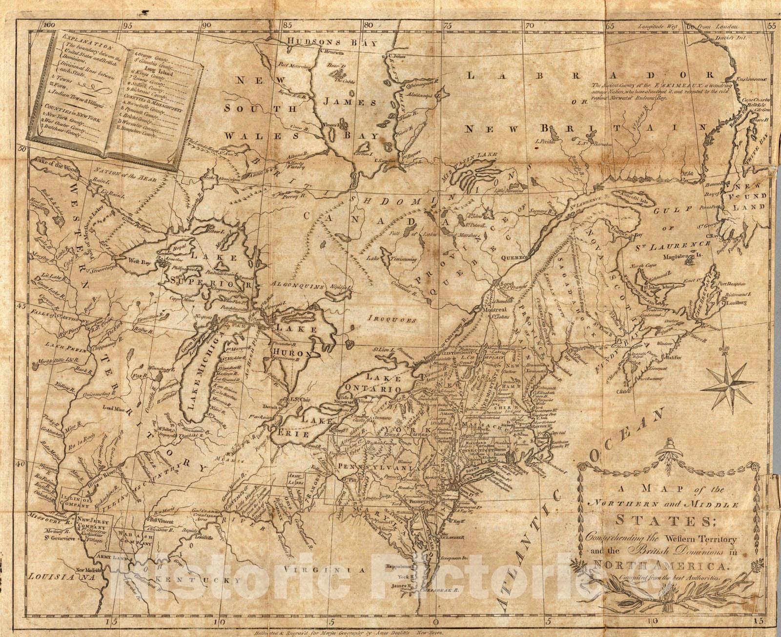 Historic Map : Map of the Northern and Middle States., 1789, Vintage Wall Art