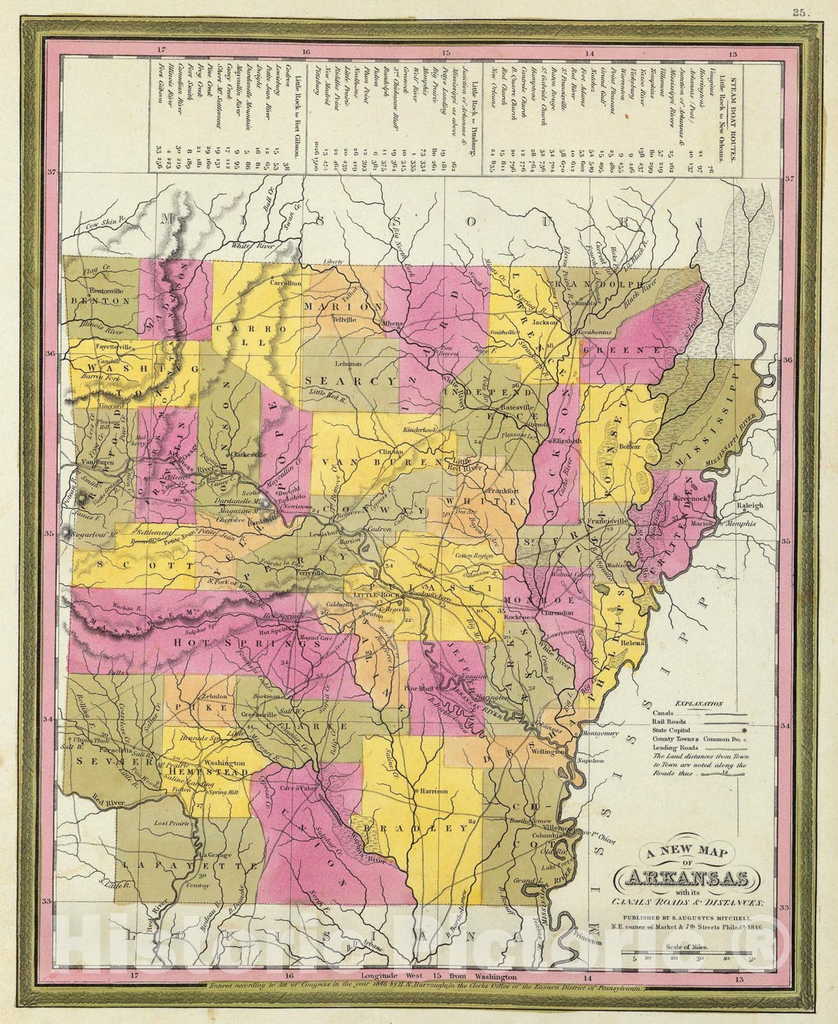 Historic Map : New Map Of Arkansas., 1846, Vintage Wall Art