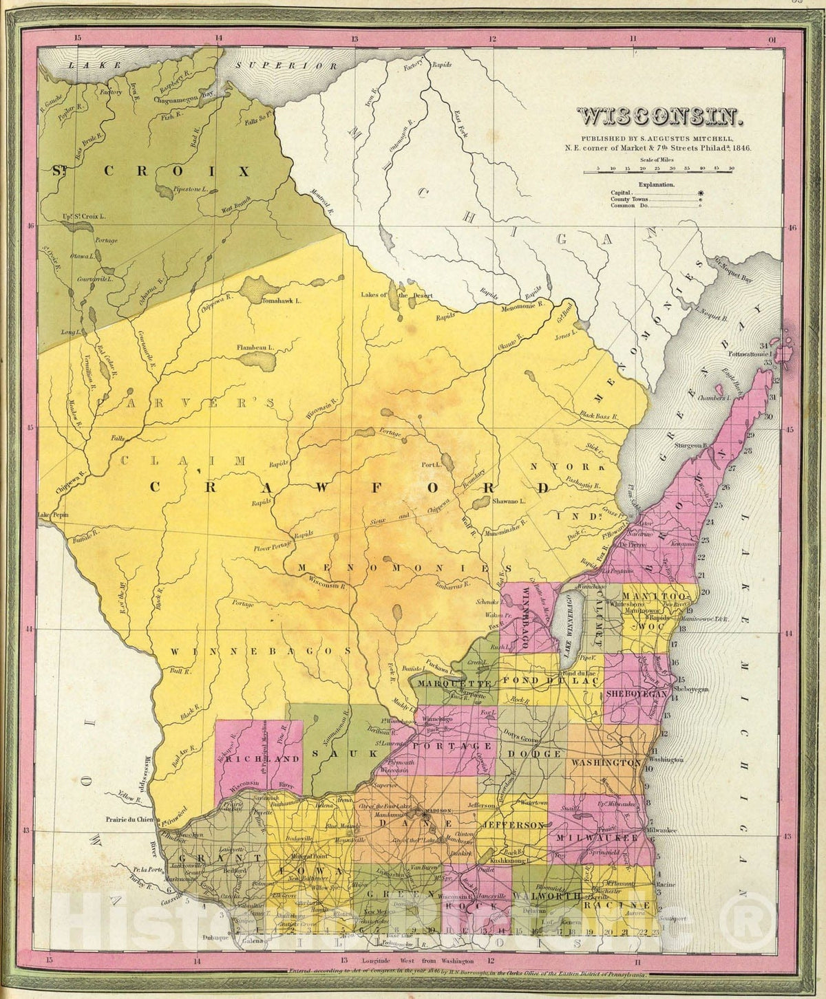 Historic Map : Wisconsin., 1846, Vintage Wall Art