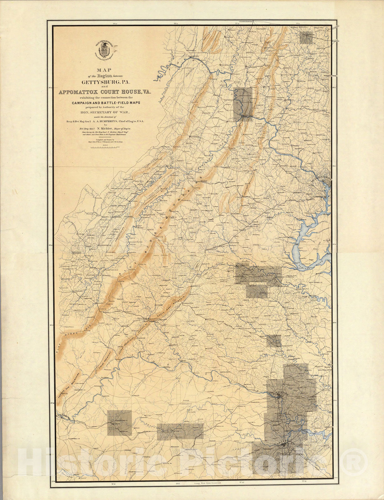 Historic Map - Map of the Region between Gettysburg, PA and Appomattox Court House, VA. exhibiting the connection between the Campaign Battle-Field Maps, 1869 - Vintage Wall Art