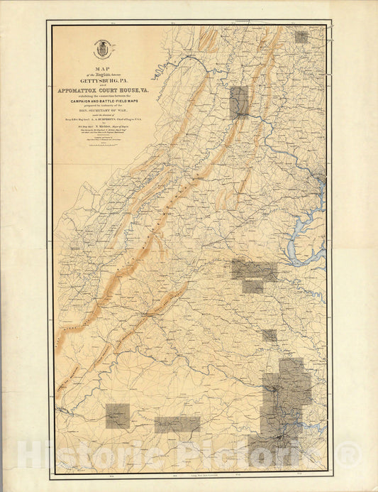 Historic Map - Map of the Region between Gettysburg, PA and Appomattox Court House, VA. exhibiting the connection between the Campaign Battle-Field Maps, 1869 - Vintage Wall Art