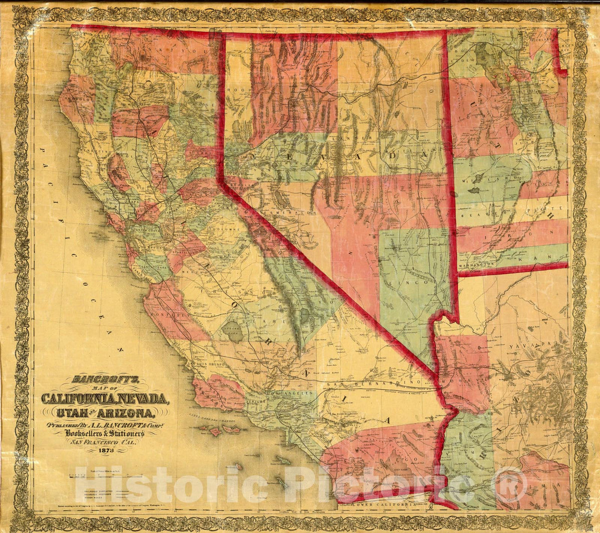 Historic Map : Bancroft's Map Of California, Nevada, Utah And Arizona., 1873, Vintage Wall Art