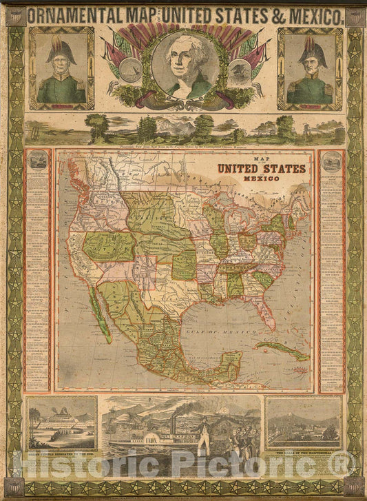 Historic Map : Ornamental Map Of The United States & Mexico., 1851, Vintage Wall Art