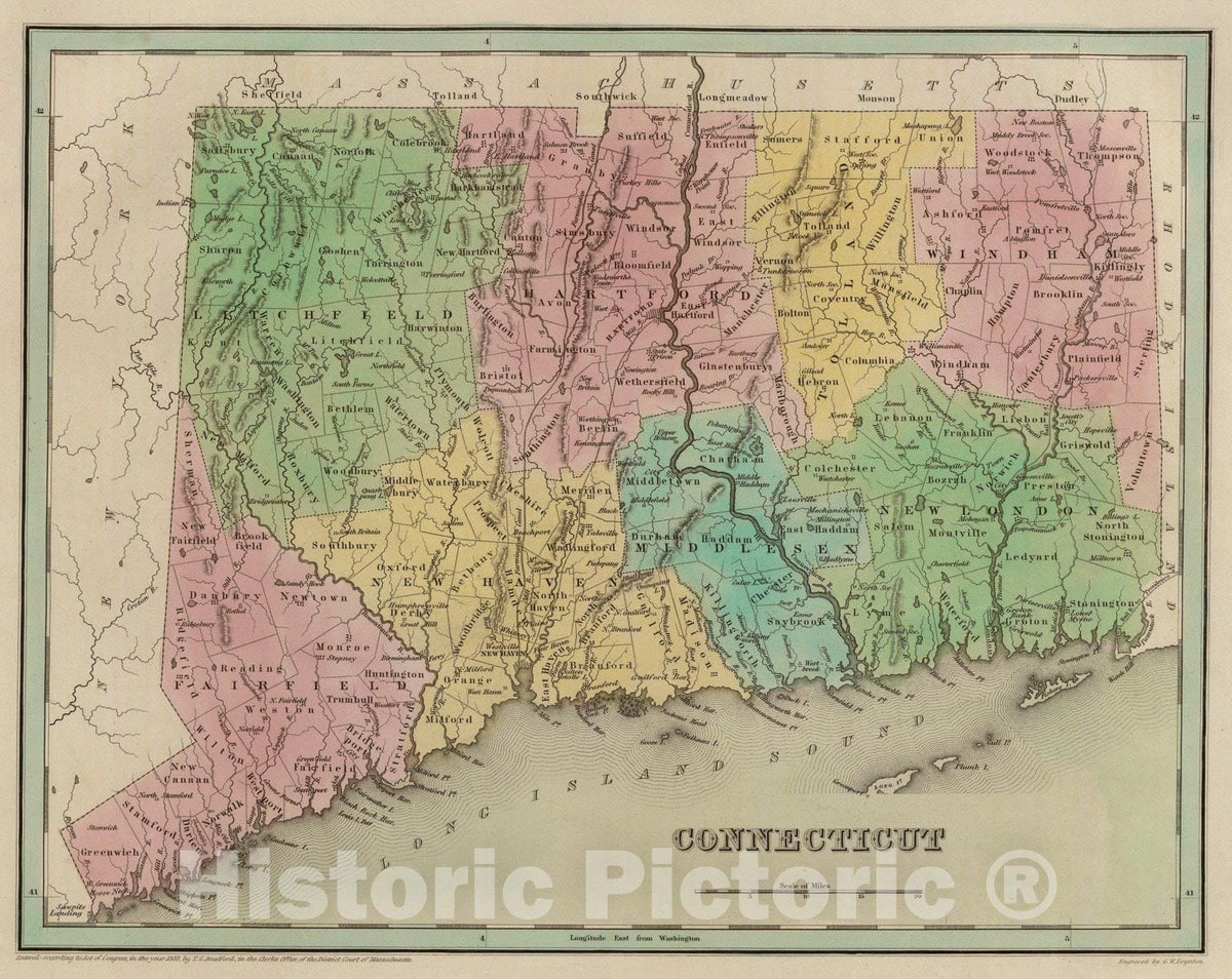 Historic Map : Connecticut., 1838, Vintage Wall Art