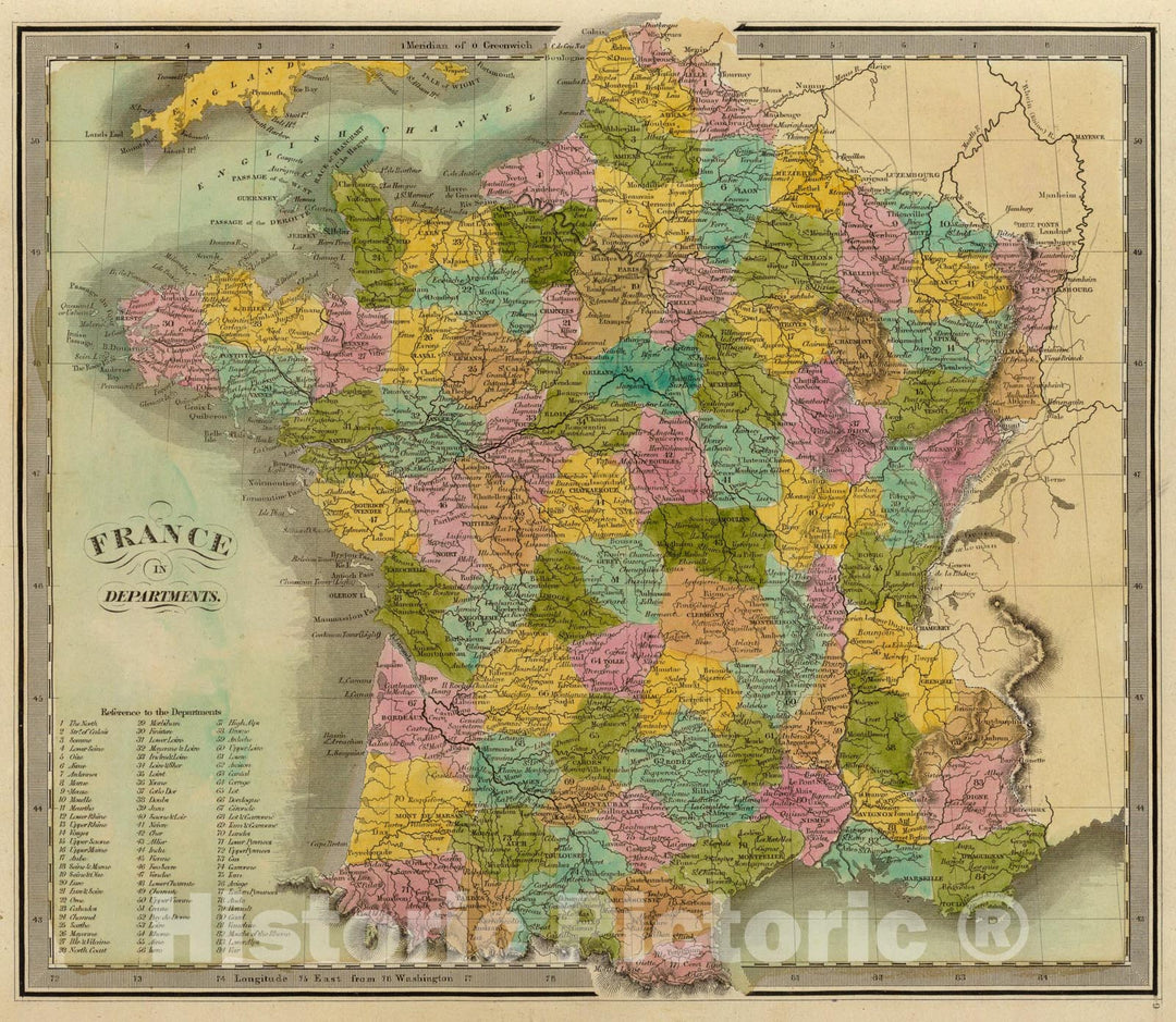 Historic Map : France In Departments., 1840, Vintage Wall Art