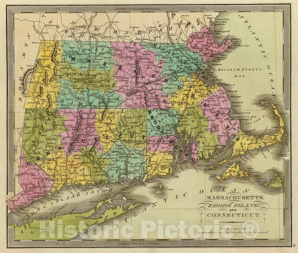 Historic Map : Massachusetts. Rhode Island. And Connecticut., 1840, Vintage Wall Art