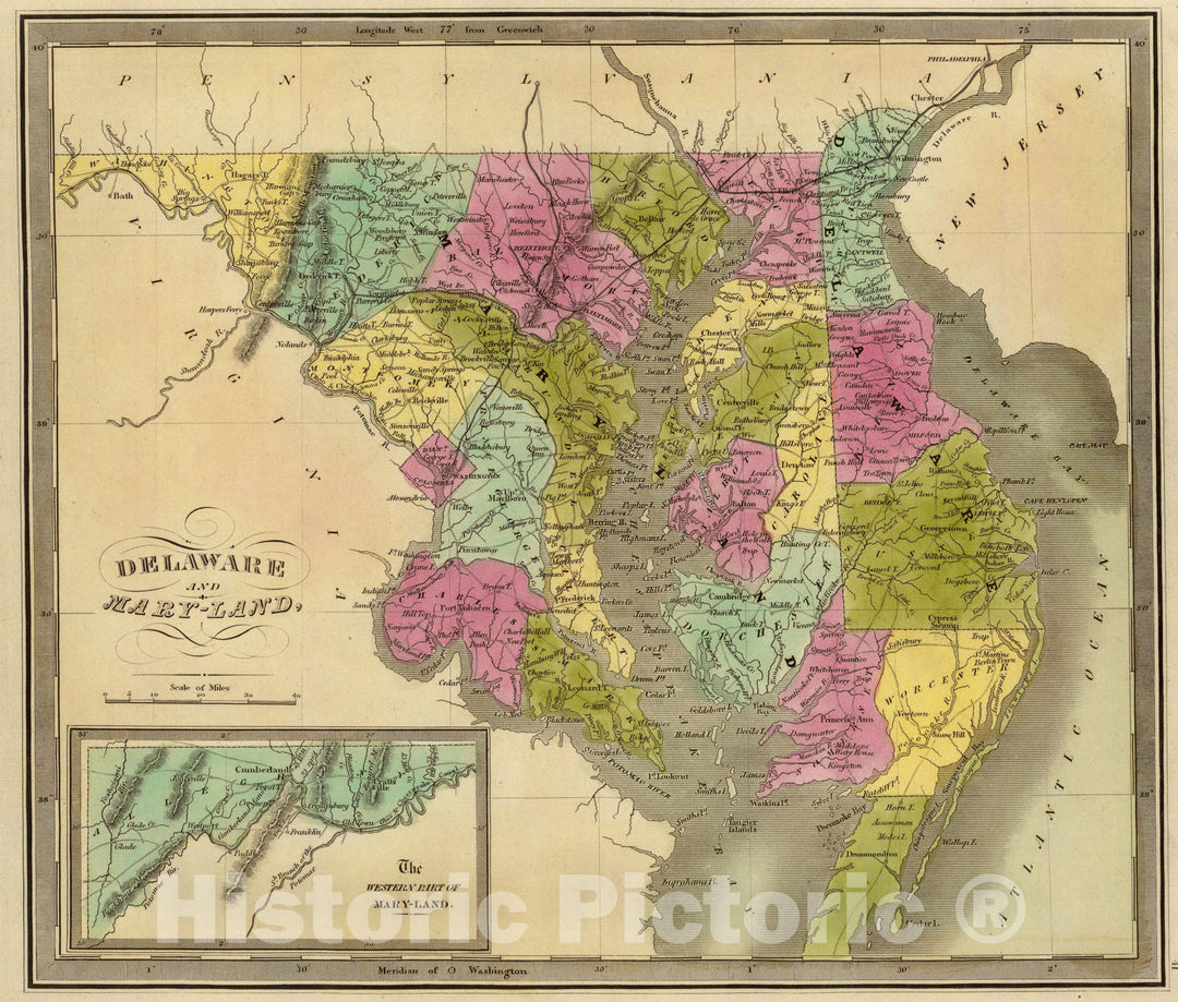 Historic Map : Delaware And Mary-land., 1840, Vintage Wall Art