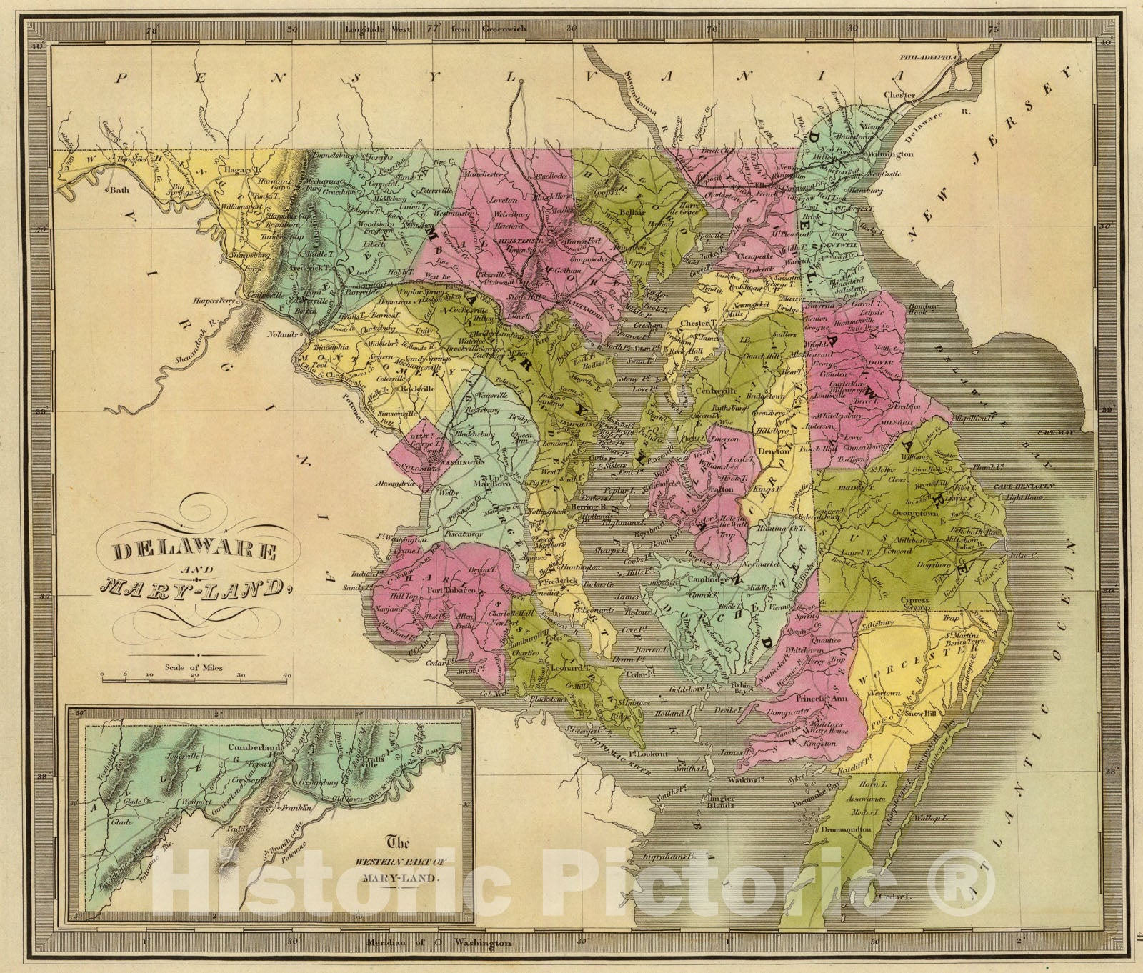 Historic Map : Delaware And Mary-land., 1840, Vintage Wall Art