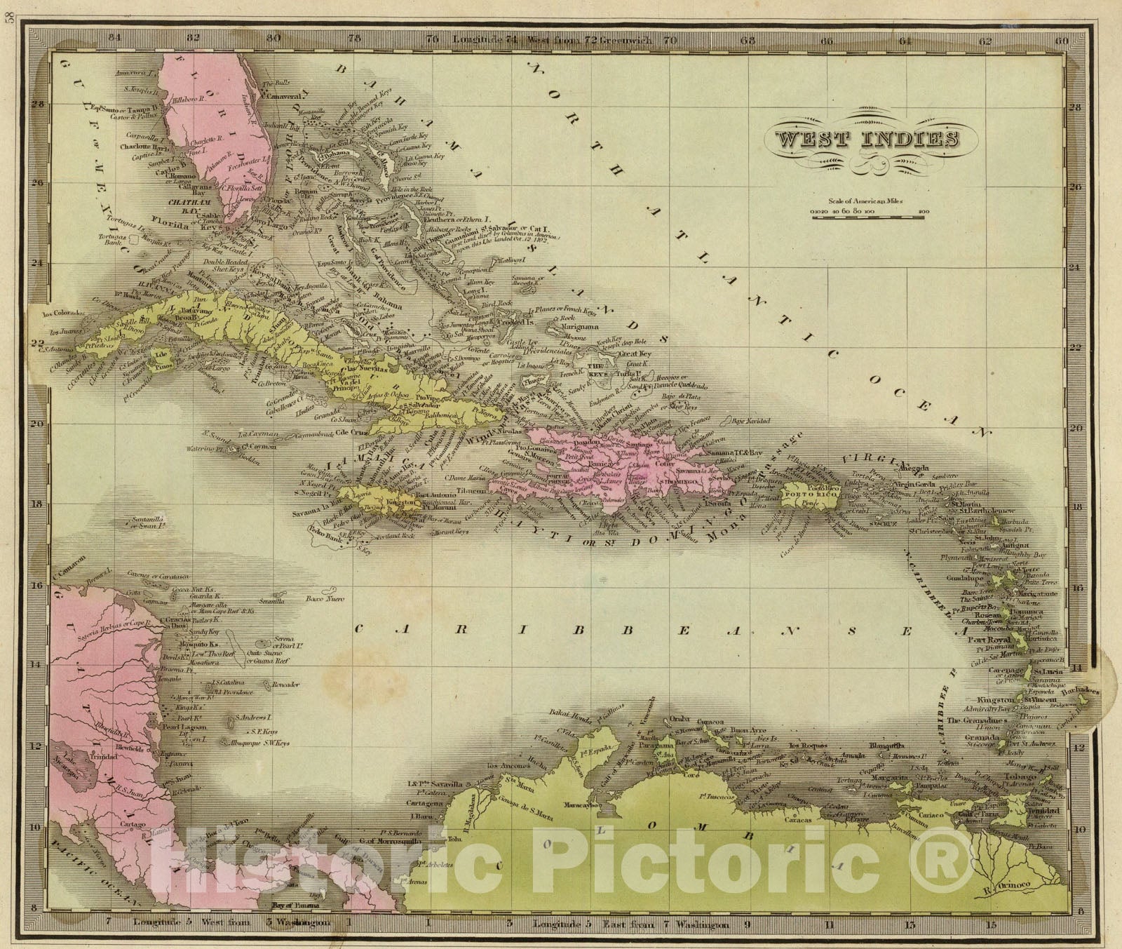 Historic Map : West Indies., 1840, Vintage Wall Art