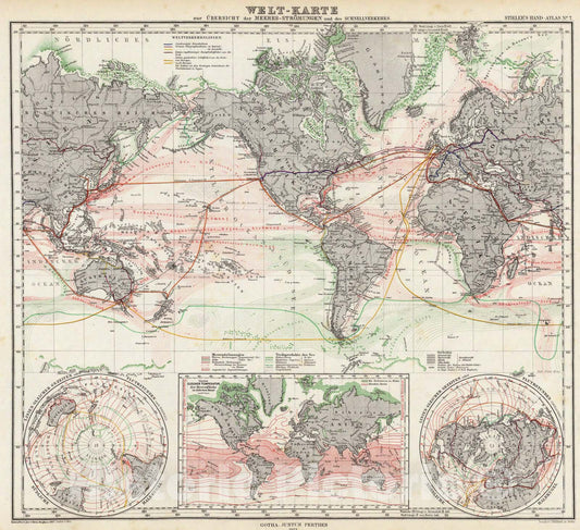 Historic Map : Welt-Karte zur Ubersicht der Meeres-Stromungen und des Schnellverkehrs., 1875, Vintage Wall Art