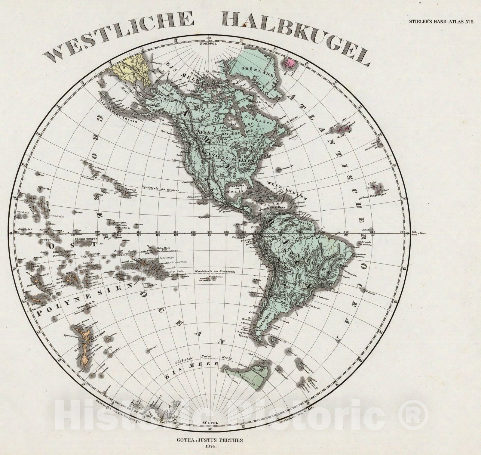 Historic Map : Westliche Halbkugel., 1875, Vintage Wall Art