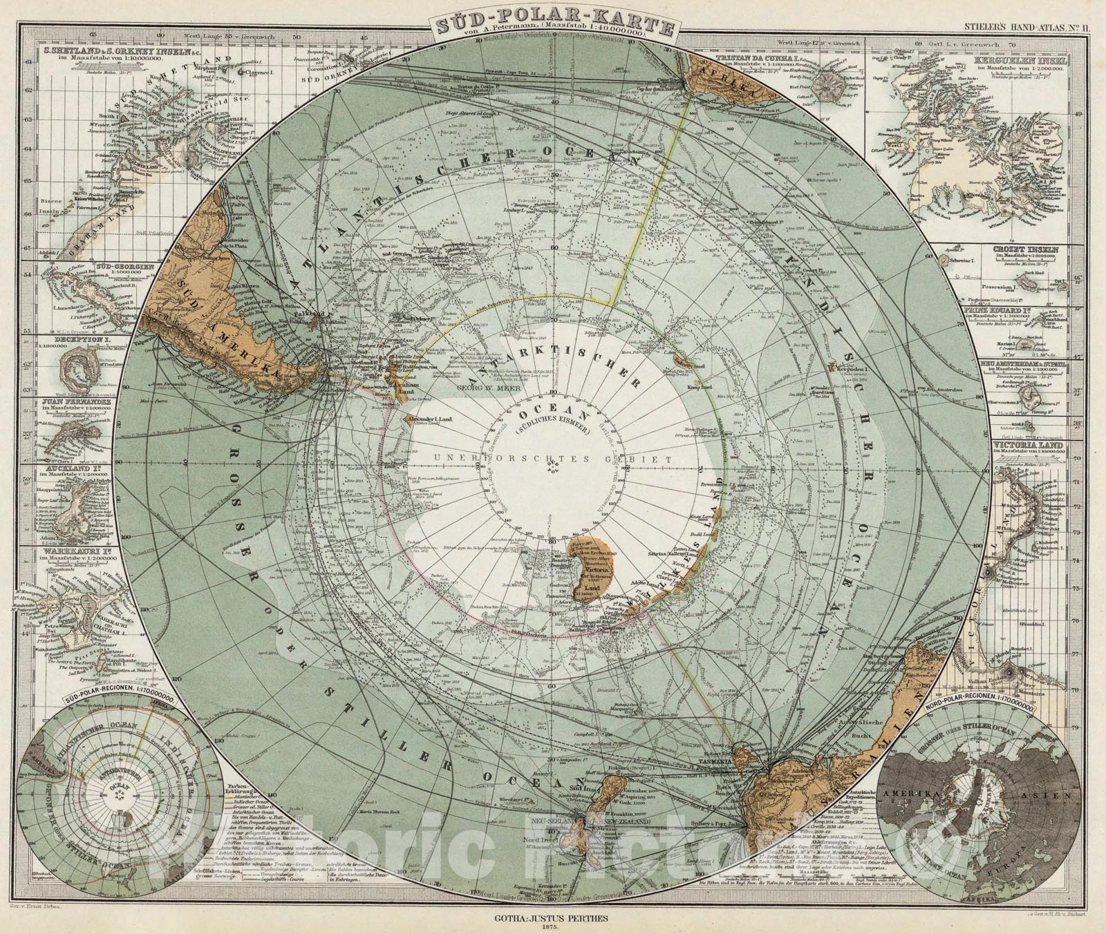Historic Map : Sud-Polar-Karte. (Maasfstab 1:40,000,000)., 1875, Vintage Wall Art