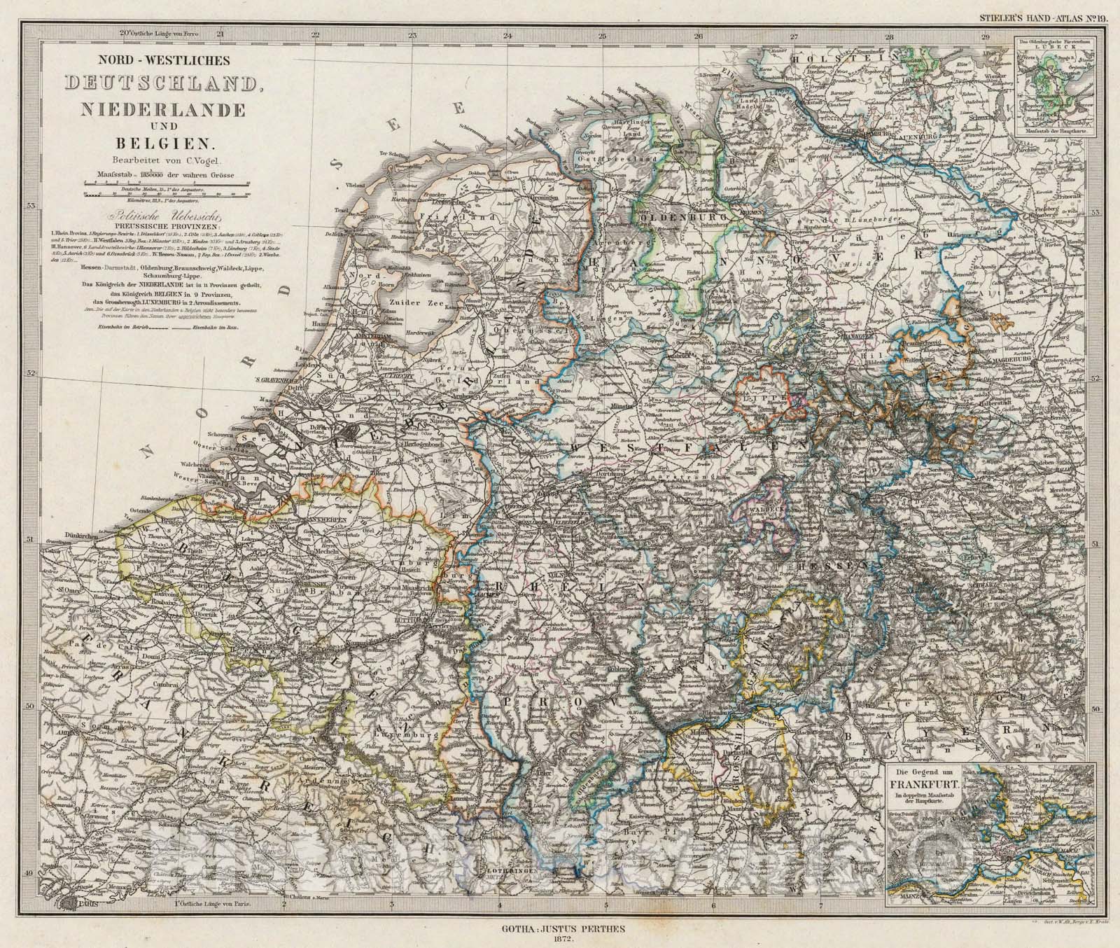 Historic Map : Nord-Westliches Deutschland, Niederlande Und Belgien., 1875, Vintage Wall Art