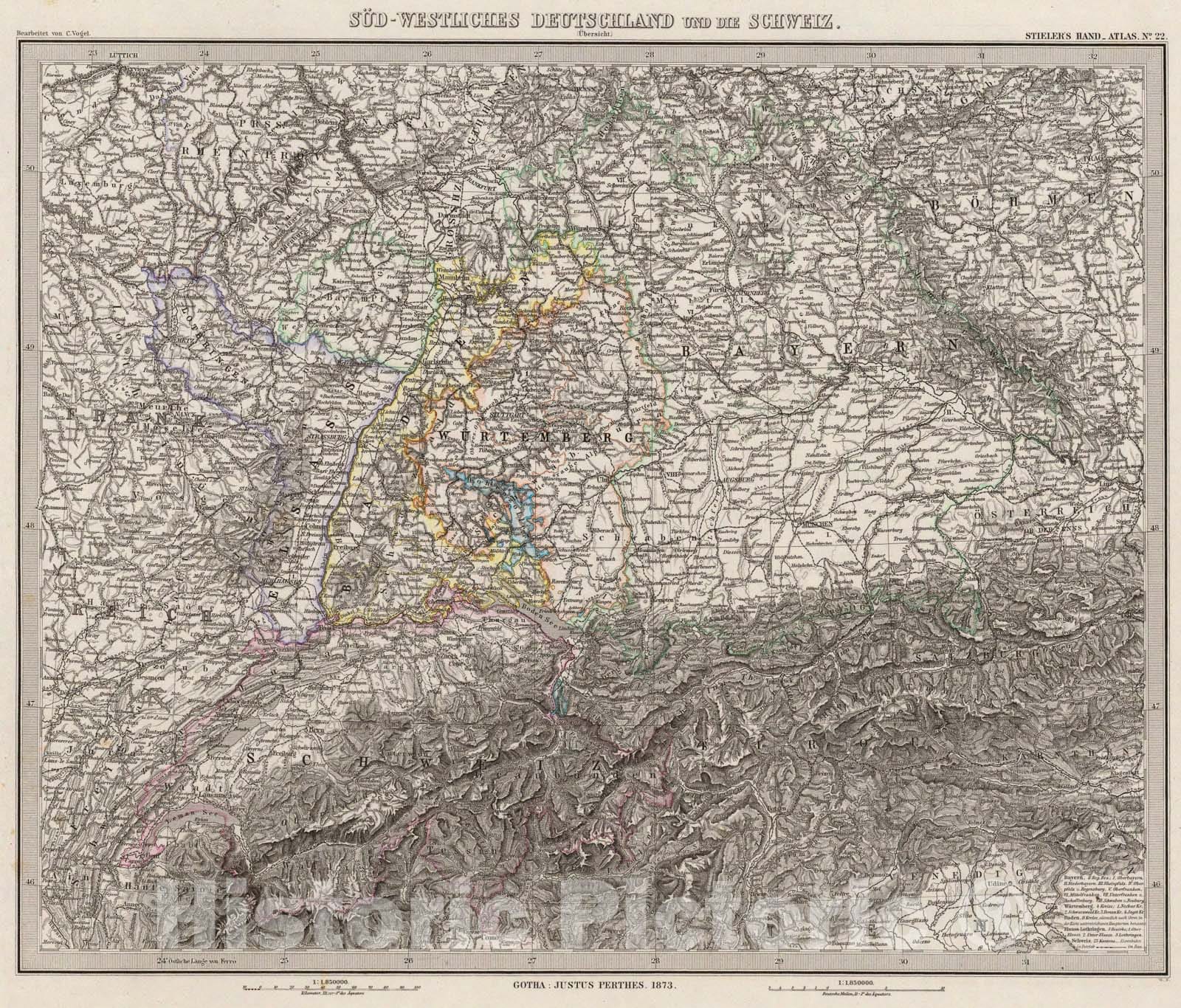 Historic Map : Sud-Westliches Deutschland Und Die Schweiz., 1875, Vintage Wall Art