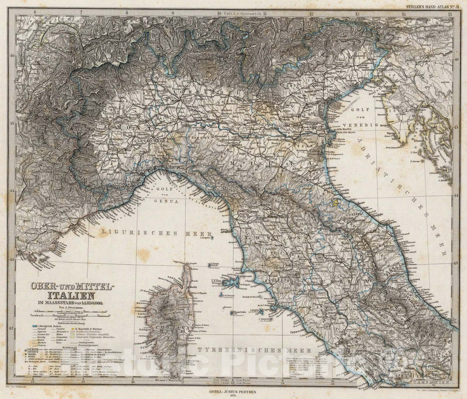 Historic Map : Ober-Und Mittel-Italien., 1875, Vintage Wall Art