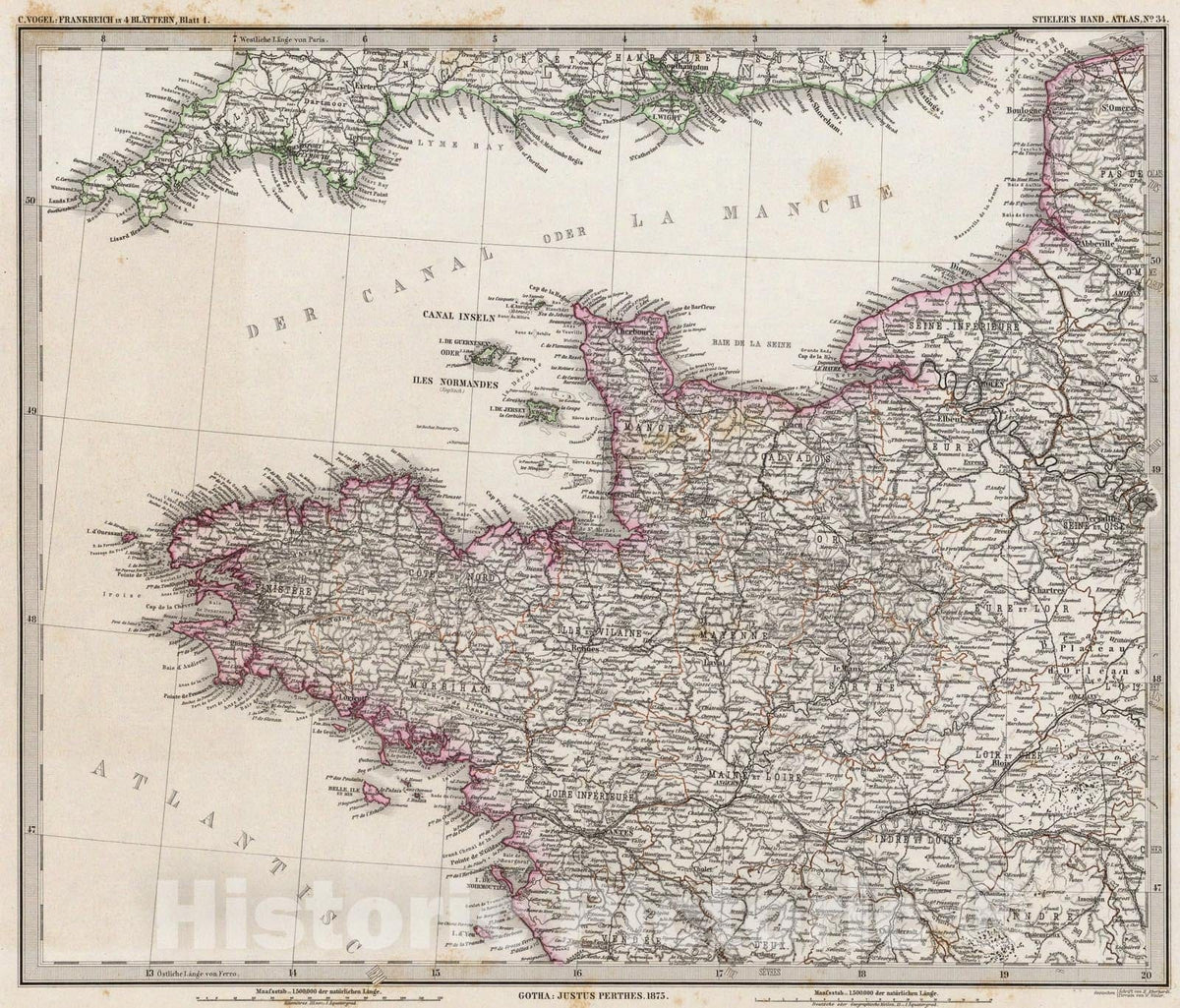 Historic Map : Frankreich In four Blattern, Blatt 1., 1875, Vintage Wall Art