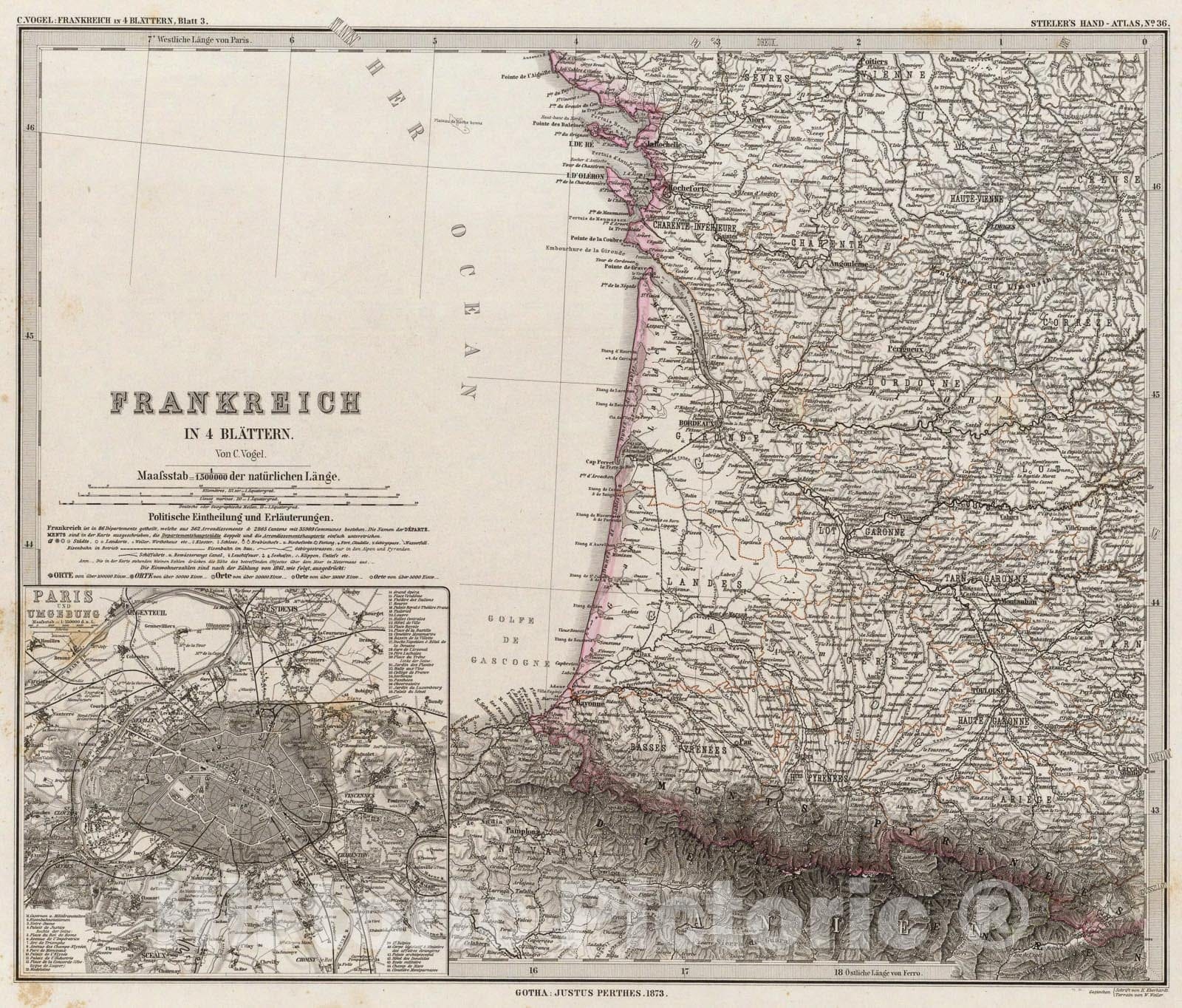 Historic Map : Frankreich In four Blattern. Blatt 3., 1875, Vintage Wall Art