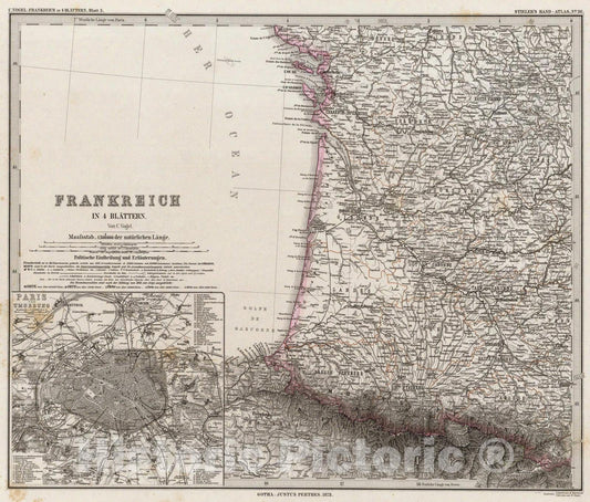 Historic Map : Frankreich In four Blattern. Blatt 3., 1875, Vintage Wall Art