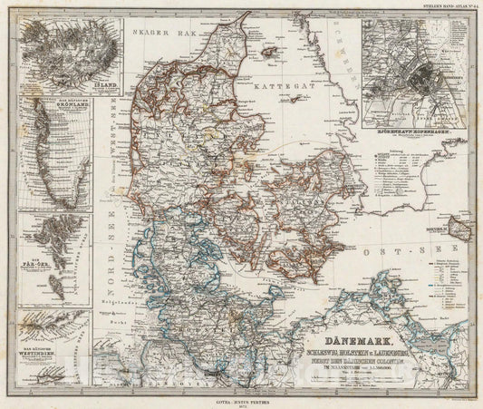 Historic Map : Danemark, Schleswig, Holstein u. Lauenburg, Nebst Den Danischen Colonie'n., 1875, Vintage Wall Art