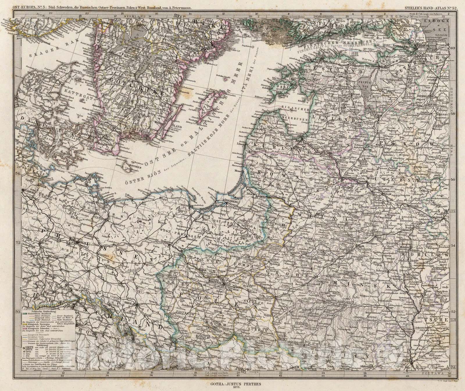 Historic Map : Ost-Europa, No. 3: Sud-Schweden, die Russischen Ostsee-Provinzen, Polen & West-Russland., 1875, Vintage Wall Art