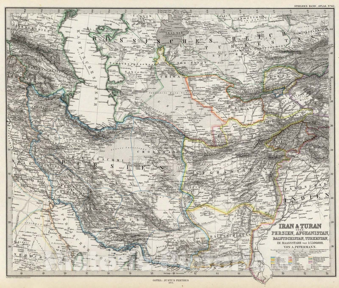 Historic Map - Iran & Turan Oder: Persien, Afghanistan, Balutschistan, Turkestan/Region East of the Black Sea, extending East to the borders with India, 1876 - Vintage Wall Art