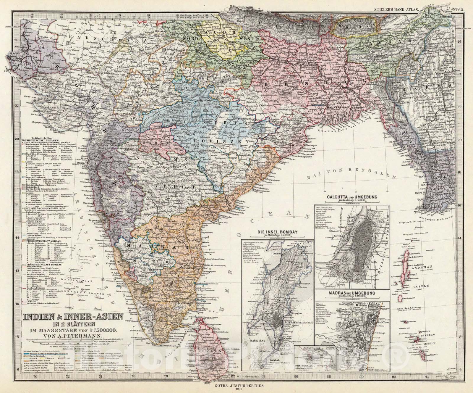 Historic Map : Indien & Inner-Asien In two Blattern. (Sudliches Blatt), 1875, Vintage Wall Art