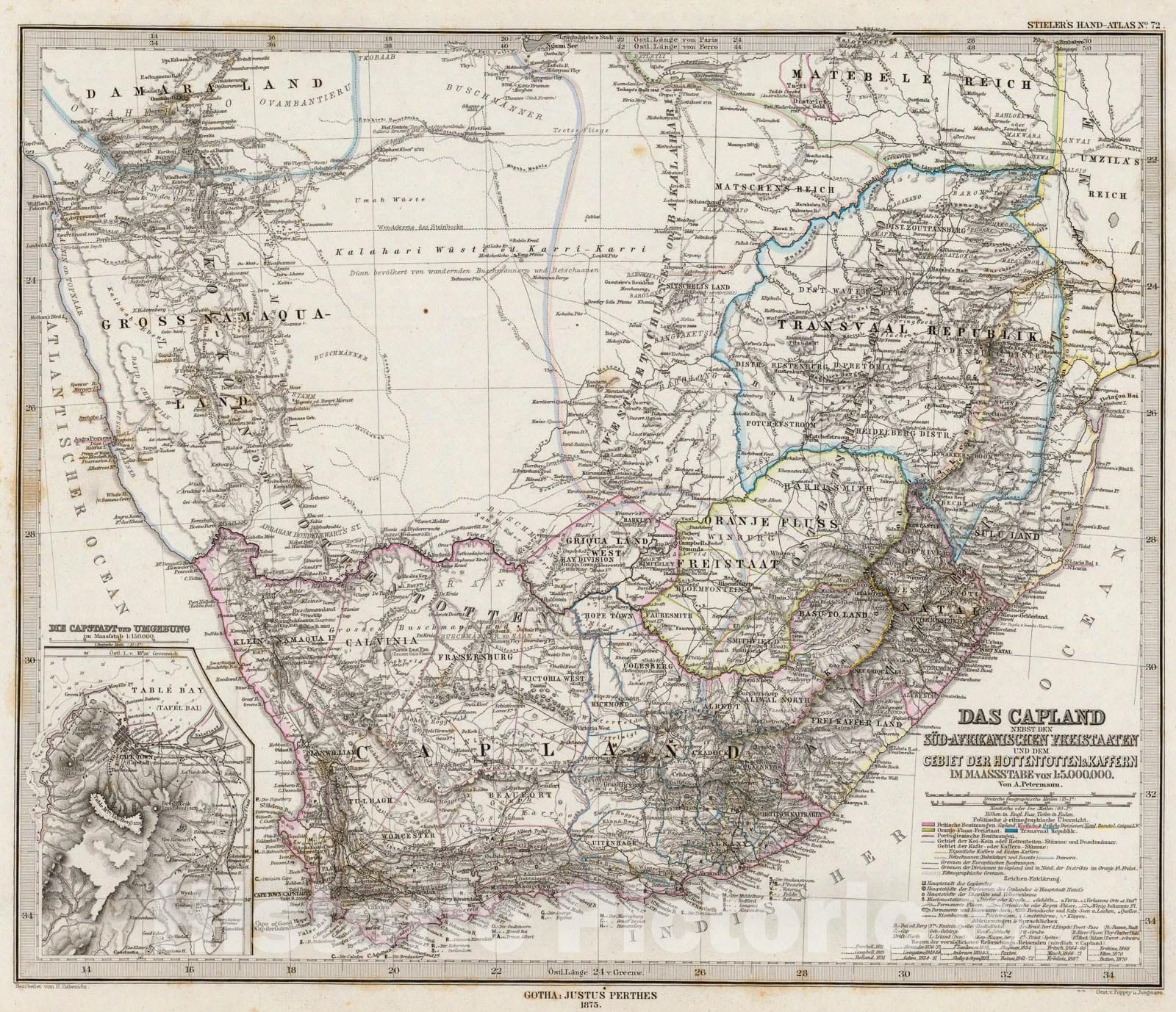Historic Map : Das Capland Nebst Den Sud-Afrikanischen Freistaaten., 1875, Vintage Wall Art