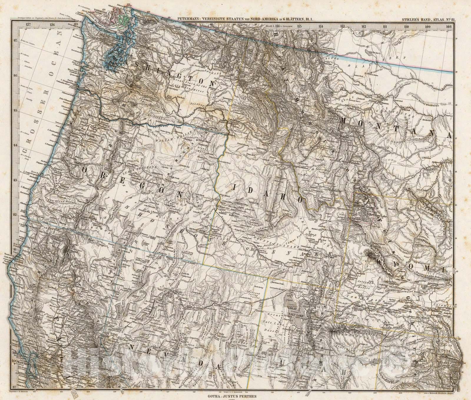 Historic Map : Vereinigte Staaten Von Nord-Amerika In six Blattern, Bl. 1., 1875, Vintage Wall Art
