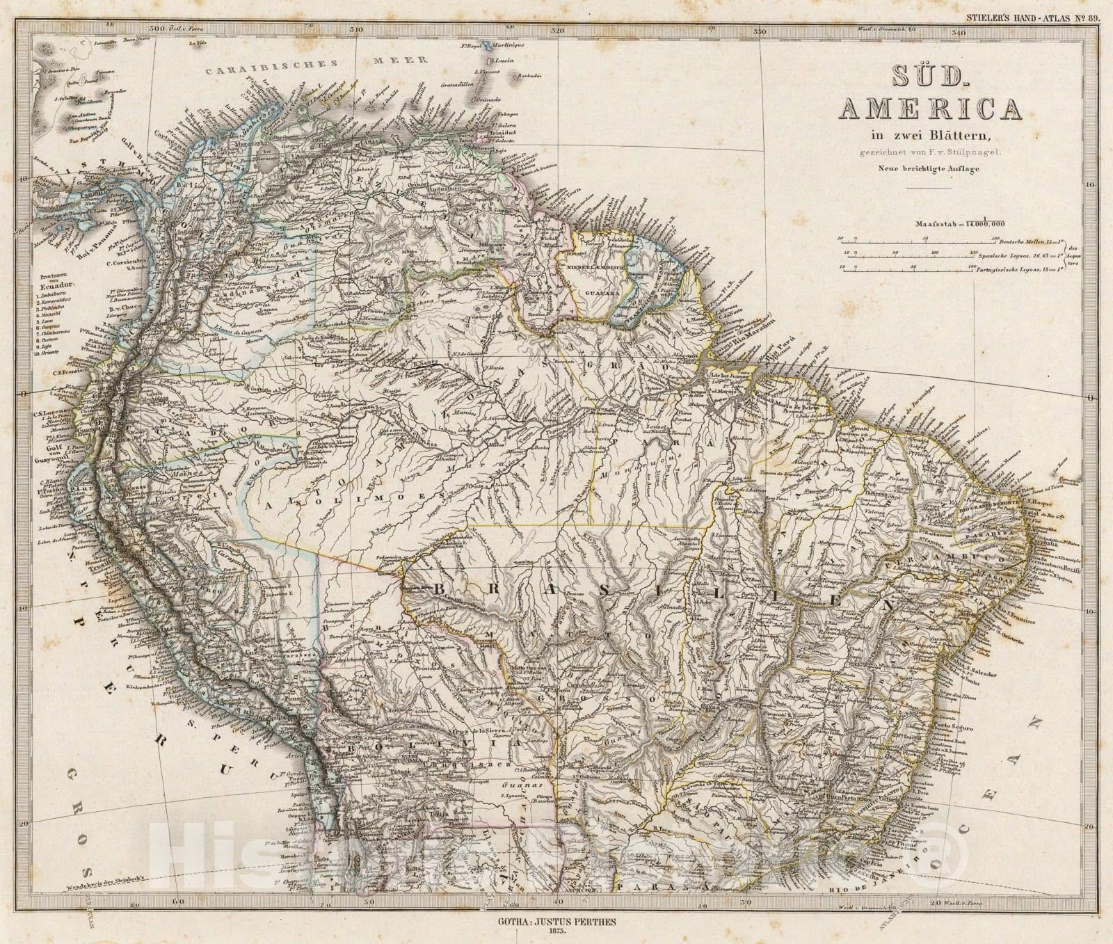 Historic Map : Sud-America in zwei Blattern., 1875, Vintage Wall Art