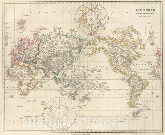 Historic Map : The World, on Mercators Projection., 1844, Vintage Wall Art