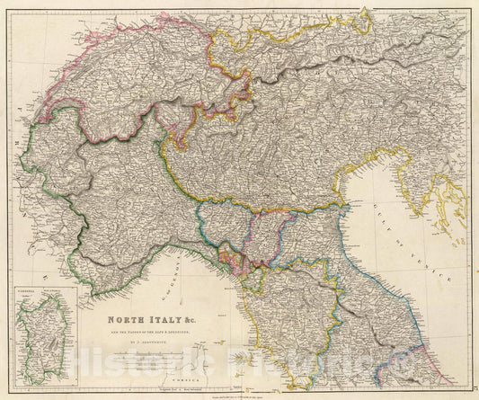 Historic Map : North Italy &c. (with) Sardinia., 1844, Vintage Wall Art