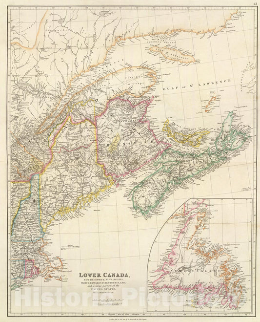 Historic Map : Lower Canada ... and a large portion of the United States., 1844, Vintage Wall Art