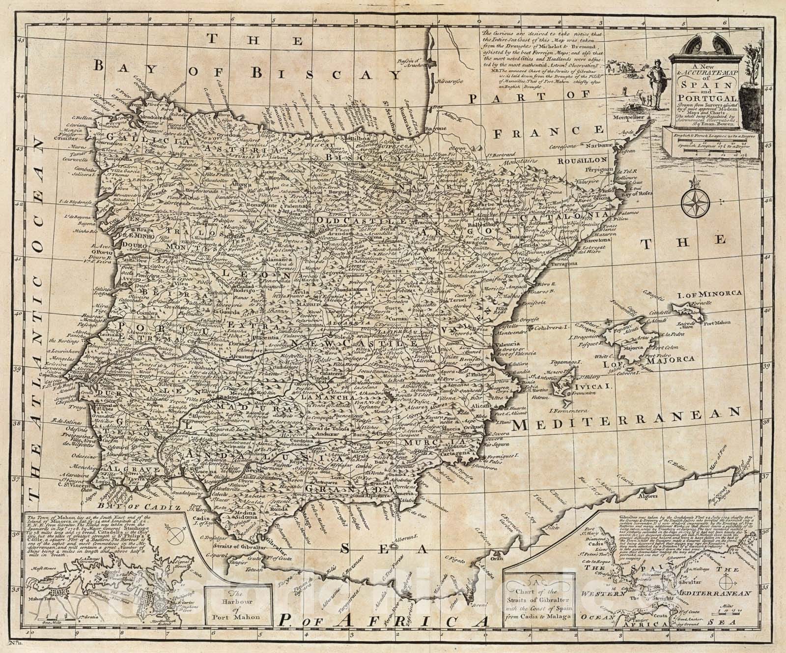 Historic Map : Spain and Portugal., 1747, Vintage Wall Art