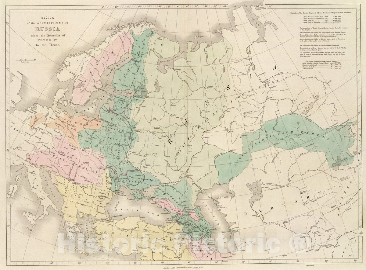 Historic Map : Sketch of the Acquisitions of Russia since the Accession of Peter 1st to the Throne., 1838, John Arrowsmith, Vintage Wall Art