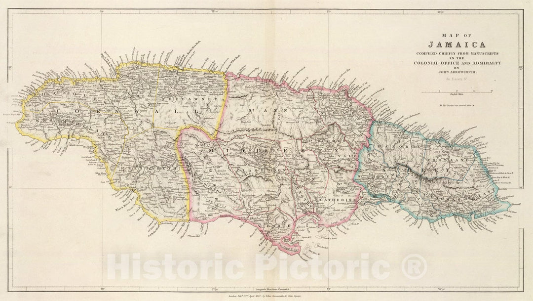 Historic Map : Map Of Jamaica., 1844, Vintage Wall Art