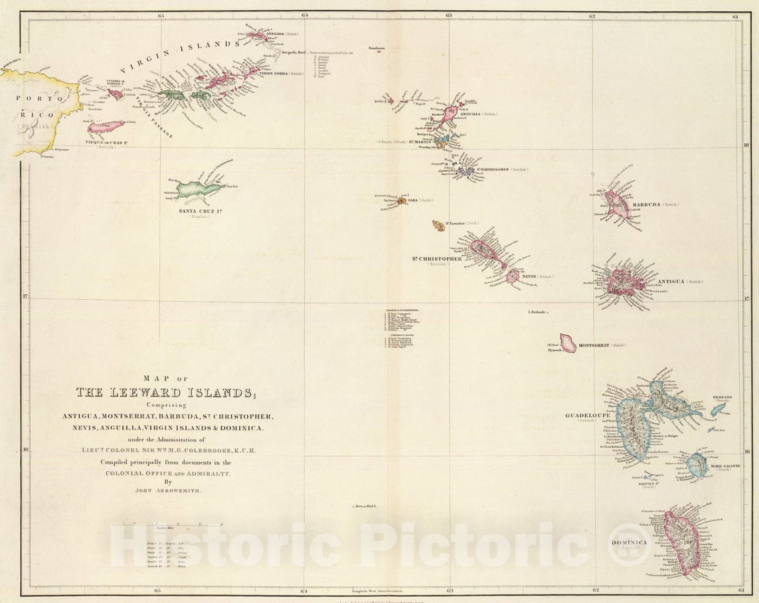 Historic Map : Map of The Leeward Islands., 1844, Vintage Wall Art