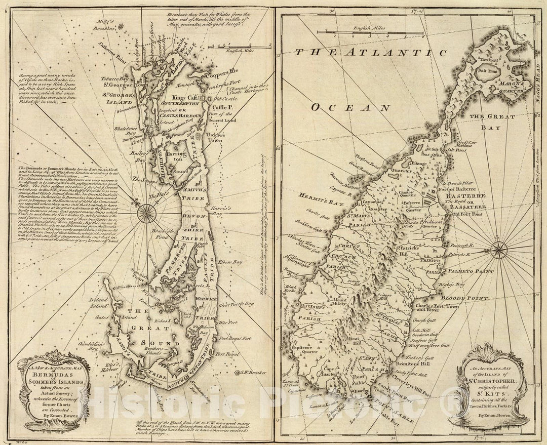 Historic Map : Bermudas, St. Kits, 1747, Vintage Wall Art