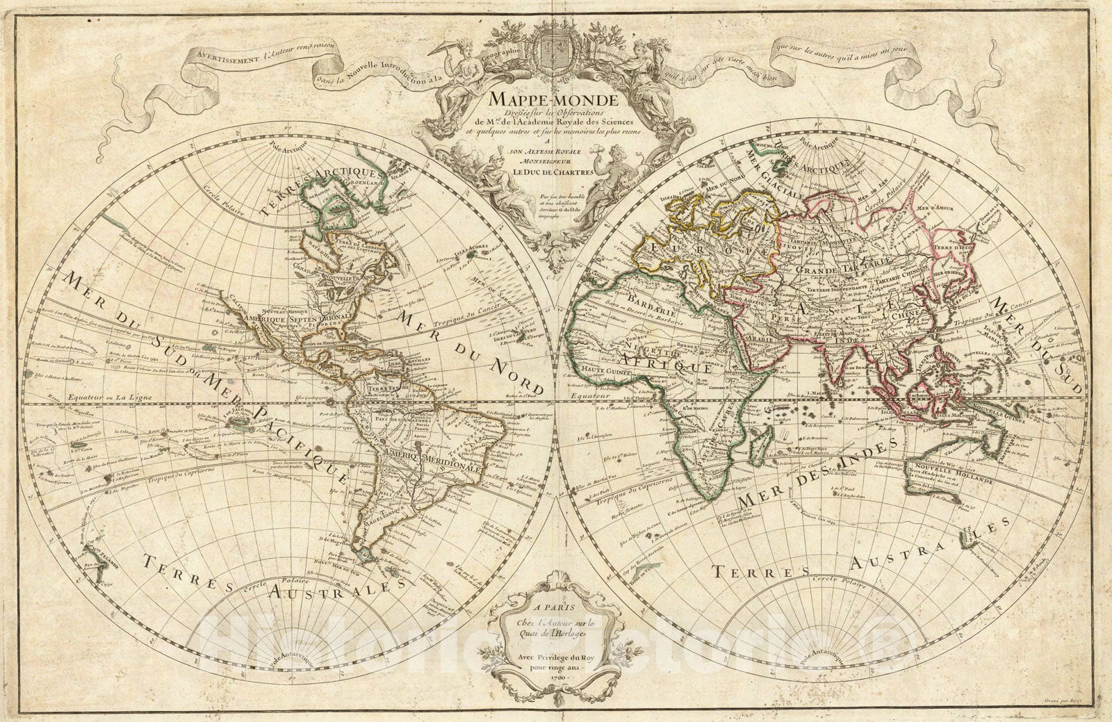 Historic Map : Mappe-monde., 1700, Vintage Wall Art