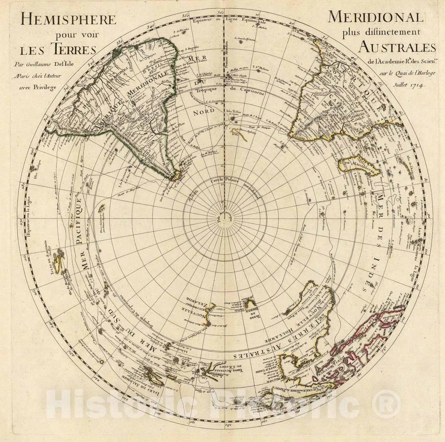 Historic Map : Hemisphere Meridional., 1714, Vintage Wall Art