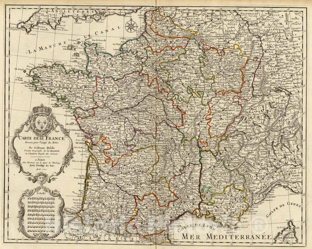 Historic Map : Carte de France., 1721, Vintage Wall Art